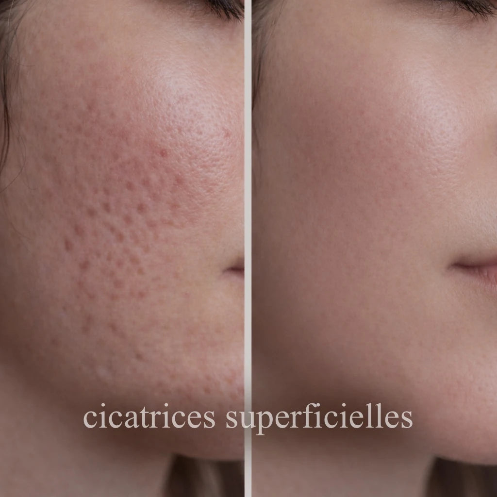 Avant après cicatrices superficielles visage, amélioration du grain de peau grâce à la haute fréquence Cerafine Paris